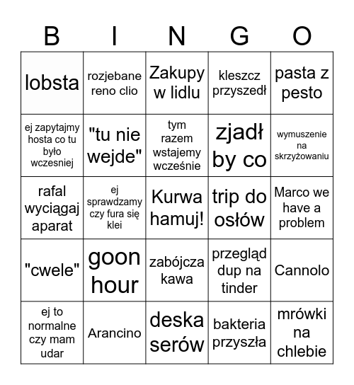 Sycylka Bingo Card