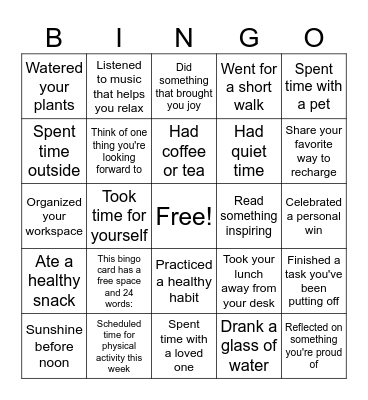Wellness Bingo Card