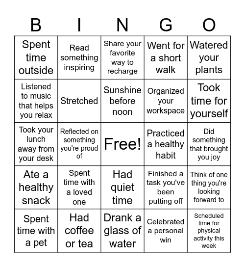 Wellness Bingo Card
