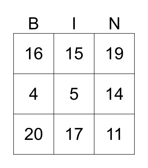 NUMBERS 1-20 AND COLORS Bingo Card