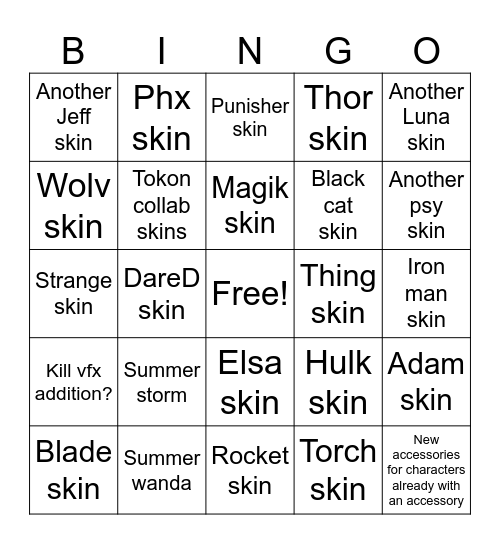 Season 9.5 skins Bingo Card