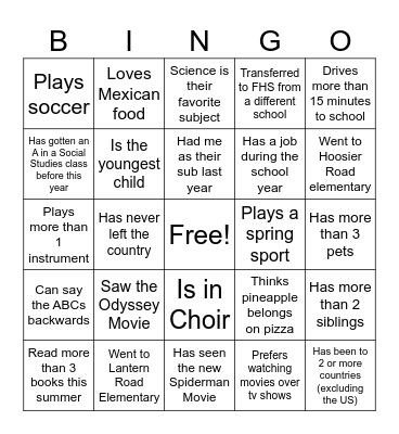 Back to School Bingo Card