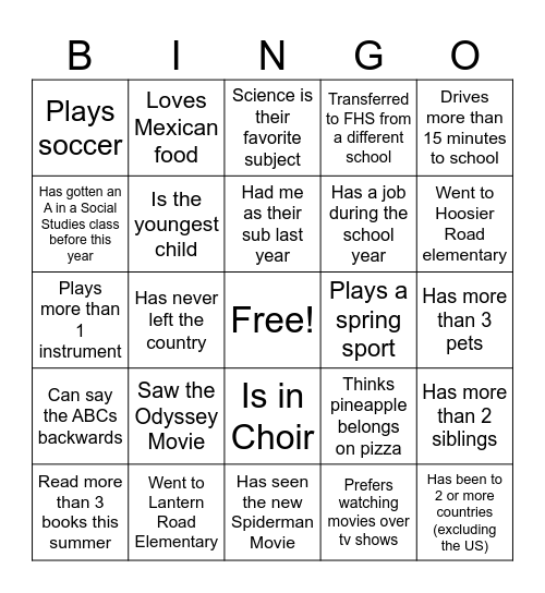 Back to School Bingo Card
