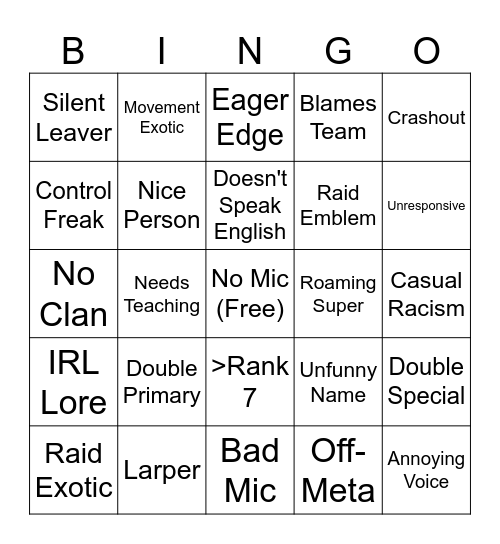 Destiny LFG Bingo Card