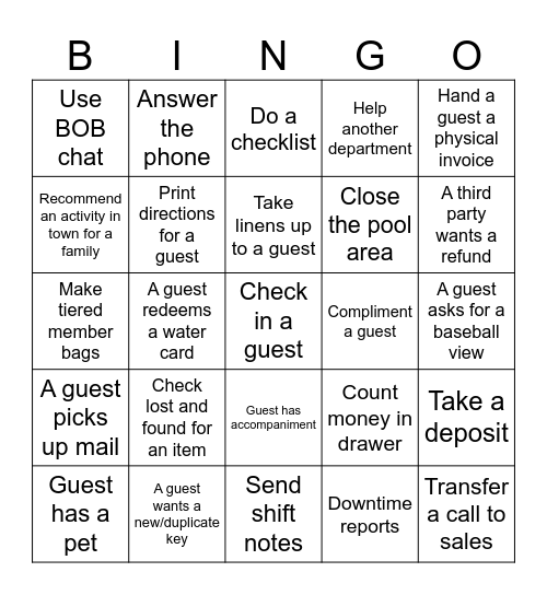 Front Desk Bingo Card