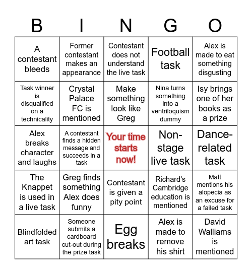 Taskmaster Bingo Card