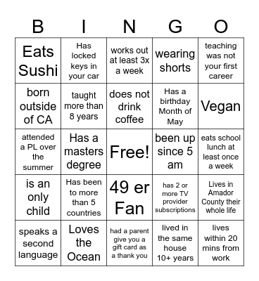 Teacher Icebreaker Bingo Card