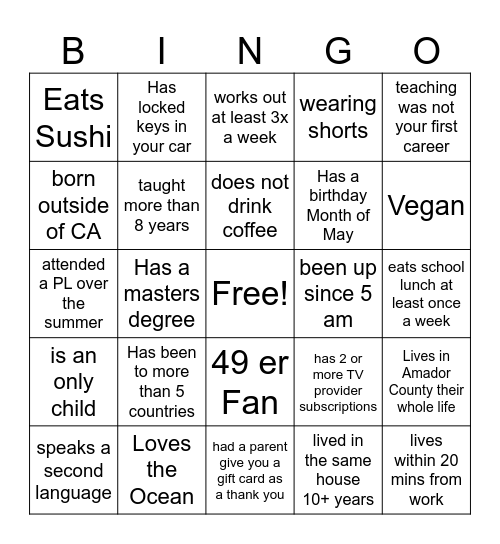 Teacher Icebreaker Bingo Card