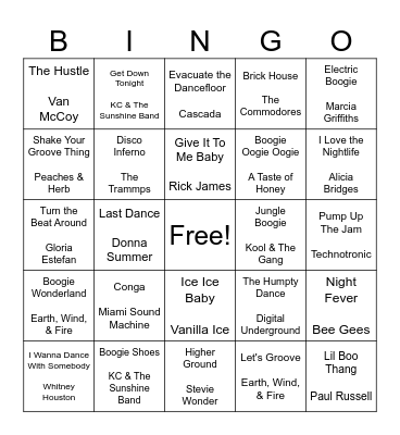 Boogie Night Bingo Card