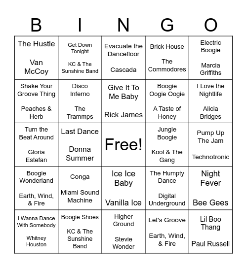 Boogie Night Bingo Card