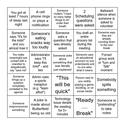 GVHS Faculty Meeting Bingo Card