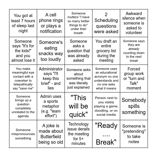 GVHS Faculty Meeting Bingo Card