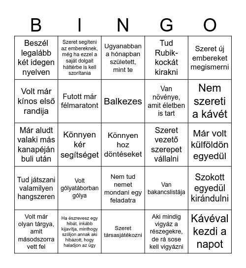 Humán Bingó Bingo Card