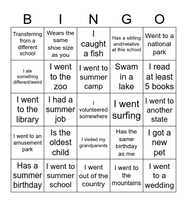 First Day of School Bingo!! Bingo Card