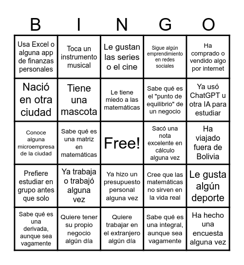 "Bingo Humano — Bienvenida a Cálculo II" Bingo Card