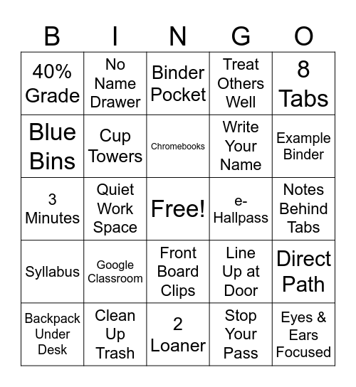 Class Expectations Bingo Card