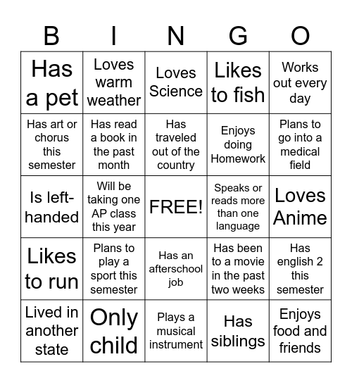 New Student Bingo Card
