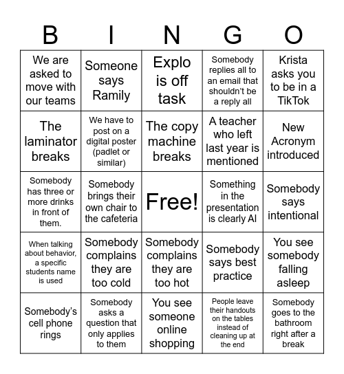 Inservice Bingo Card
