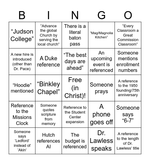SEBTS All-Staff Meeting Bingo Card