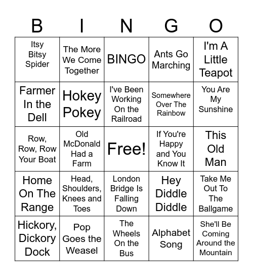 Classic Kid Songs Bingo Card