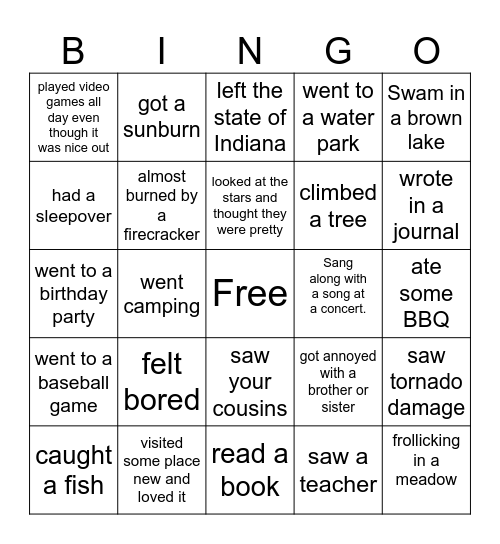 Summertime Bingo Card