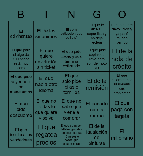 Tipos de clientes Bingo Card