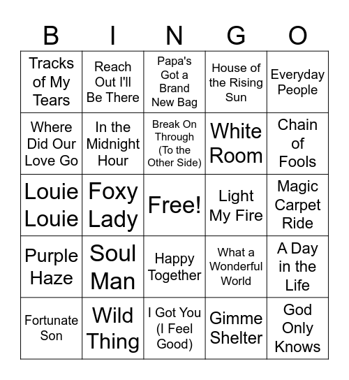 60's Songs (set 6) Bingo Card