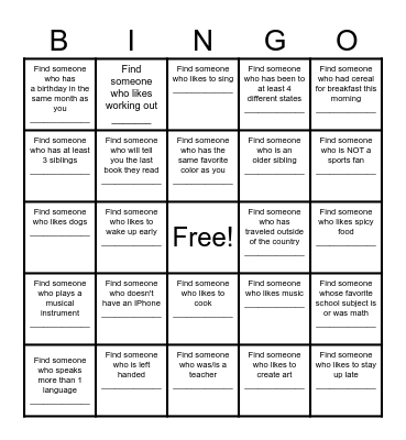 Find a Friend Bingo Card