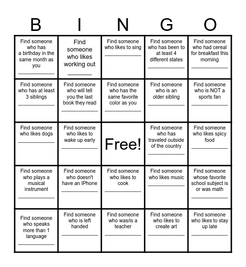 Find a Friend Bingo Card