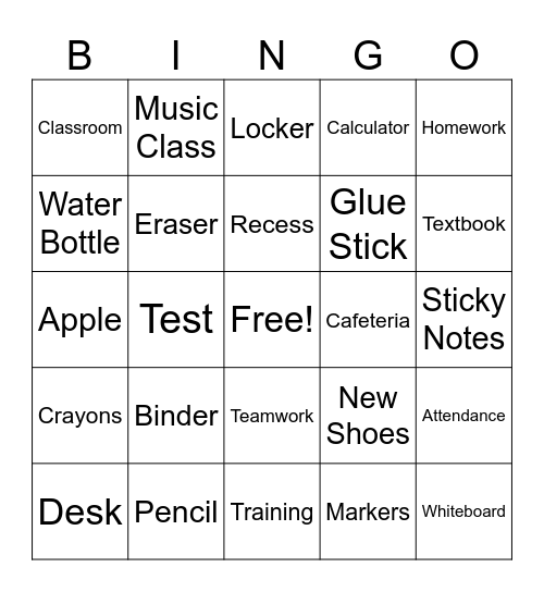 Back to School Bingo Card
