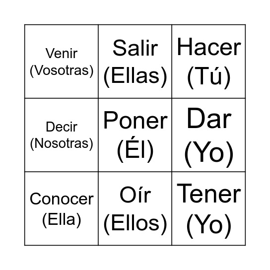Verbos irregulares Bingo Card