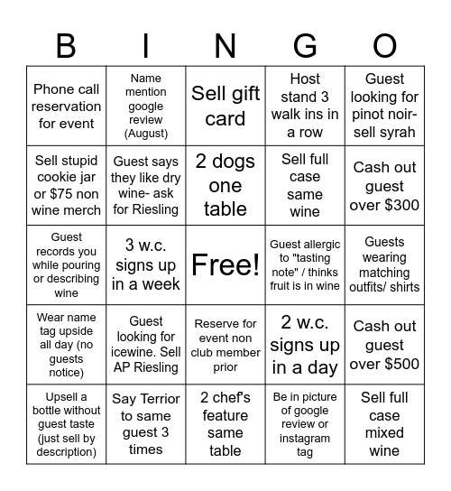 FAW staff bingo Card