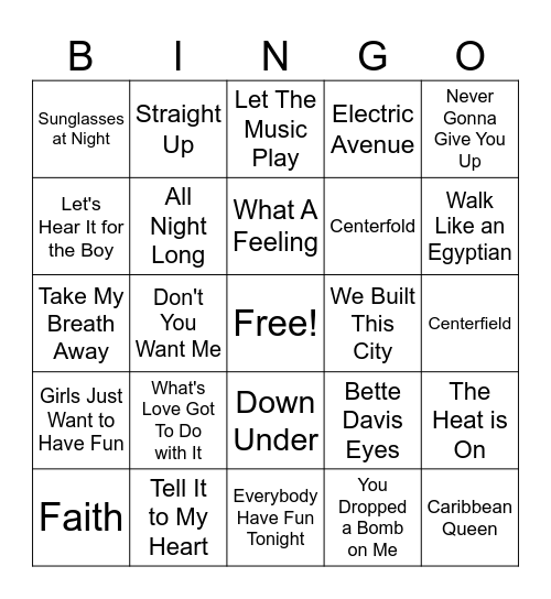 80's Songs (set 6) Bingo Card