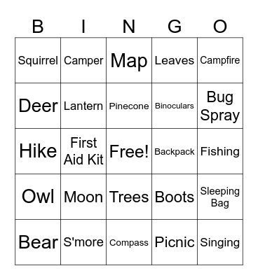 Glitter Girls Camping Bingo Card