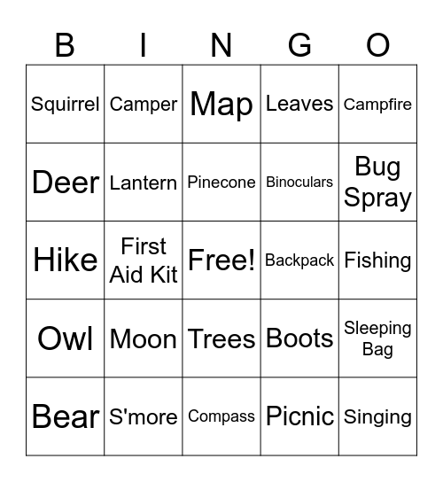 Glitter Girls Camping Bingo Card