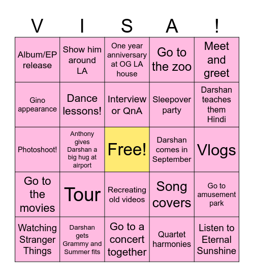 Throb Activities ! Bingo Card