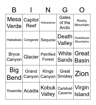 National Parks Bingo Card