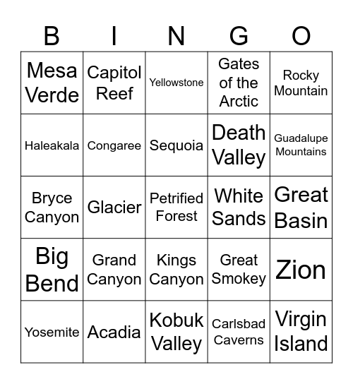 National Parks Bingo Card