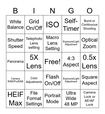 Camera Settings Bingo Card
