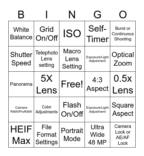 Camera Settings Bingo Card