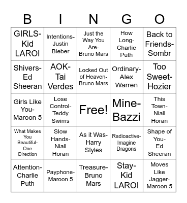 Boy Pop Bingo Card