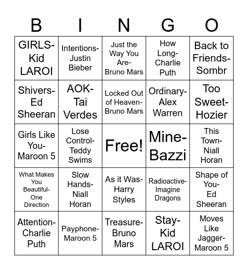 Boy Pop Bingo Card