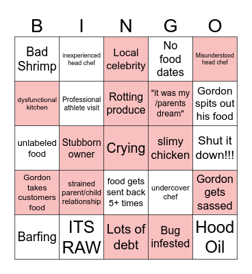 Kitchen Nightmares Bingo Card