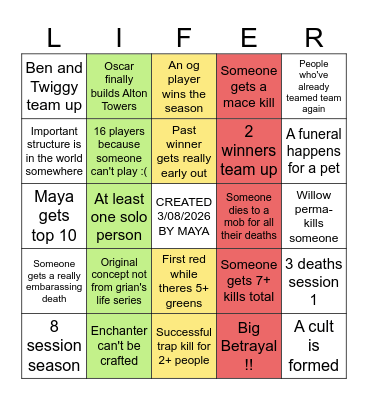 Lifers S9 Bingo Card