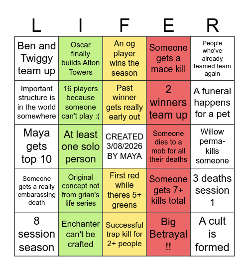 Lifers S9 Bingo Card