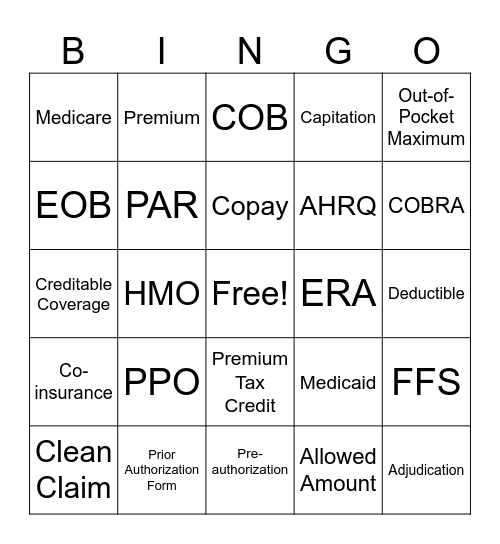 Insurance Concepts & Reimbursement Bingo Card