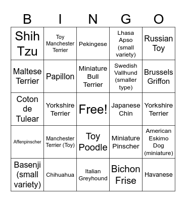 Toy Breeds Bingo Card