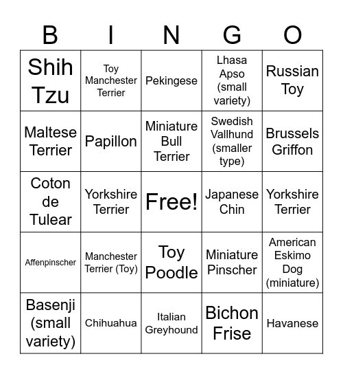 Toy Breeds Bingo Card