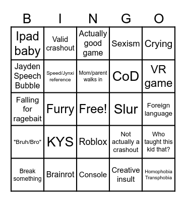 Kids getting mad Bingo Card