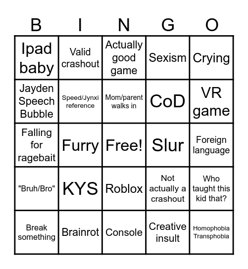 Kids getting mad Bingo Card